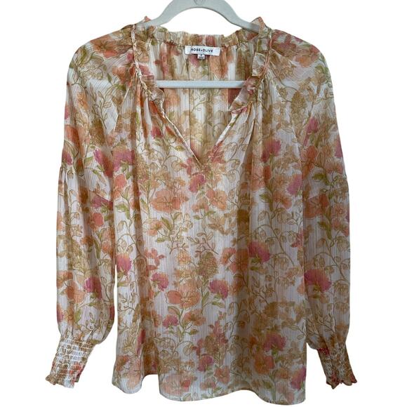 Rose + Olive Blouse Sheer Ruffle Neck Top Sz S Floral Smocked Cuffs Fairycore - Picture 1 of 10